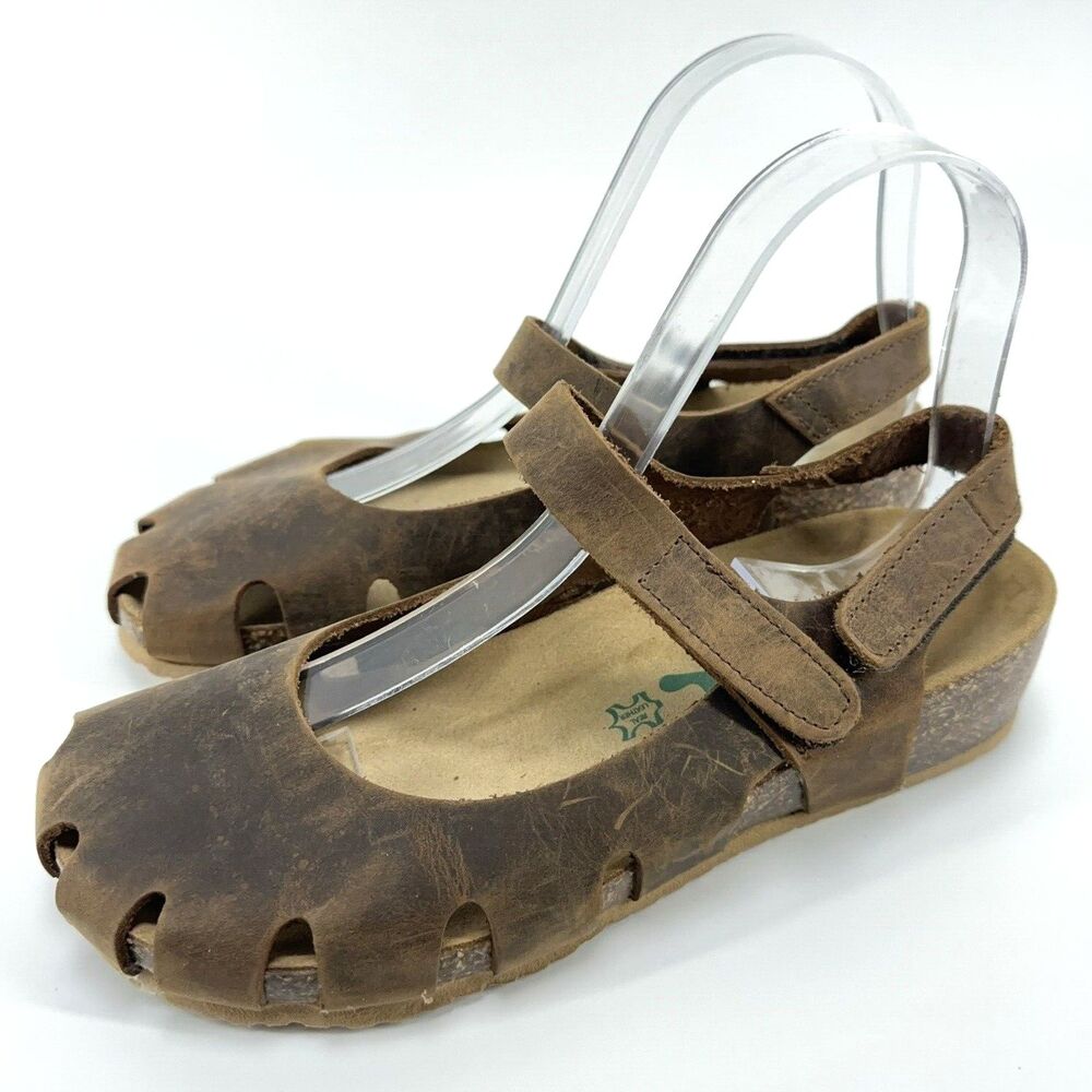 Bionatura Brown Distressed Leather Cork Mary Jane Shoes Sandals 37 US 6.5 Italy